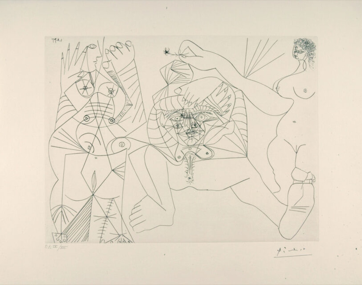 Female couchée en raccourci, taquinée par two other women. by Pablo Picasso