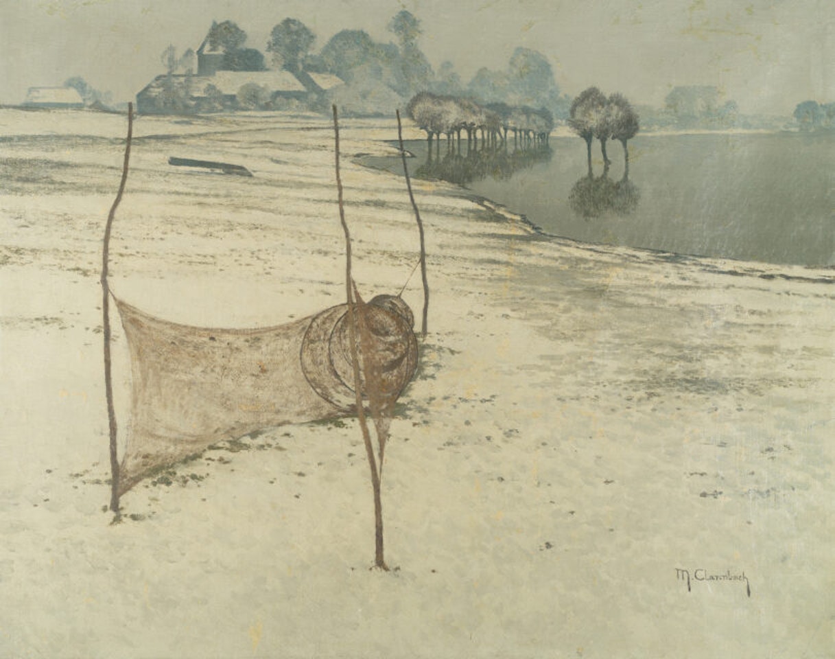 View of Wittlaer in winter with pollarded willows and a fish trap by Max Clarenbach