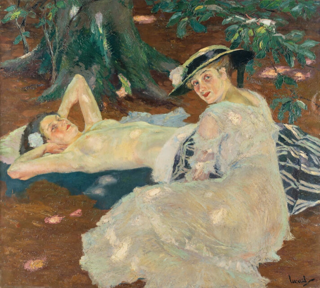 “Heisser Tag” (Two ladies under trees) by Edward Cucuel