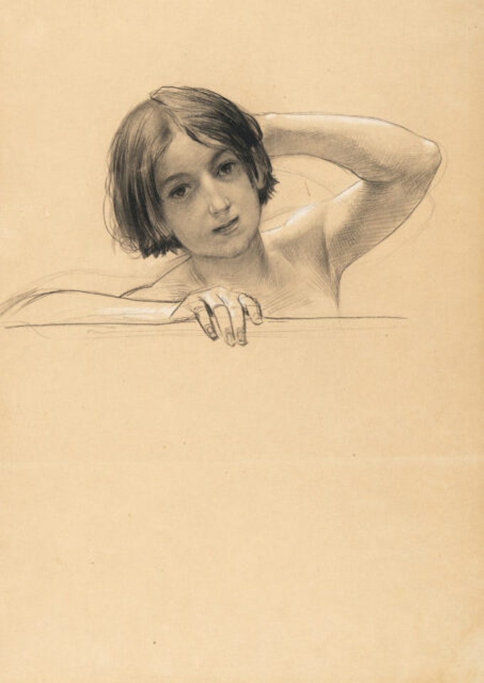 Portrait of a boy looking over a wall by Gustav Klimt