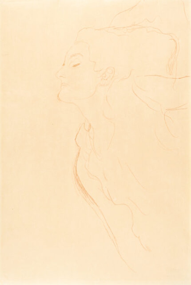 Half-length portrait facing left, with closed eyes by Gustav Klimt