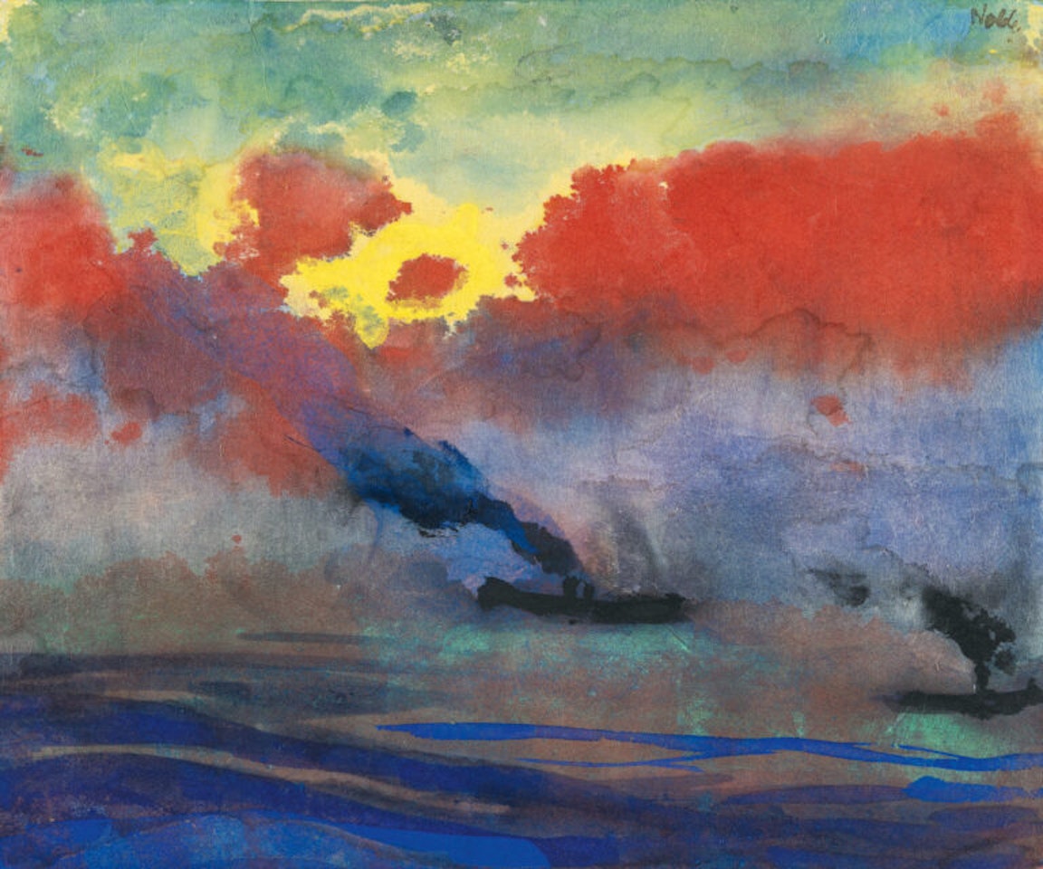 Red/yellow evening sky I, two steamships by Emil Nolde