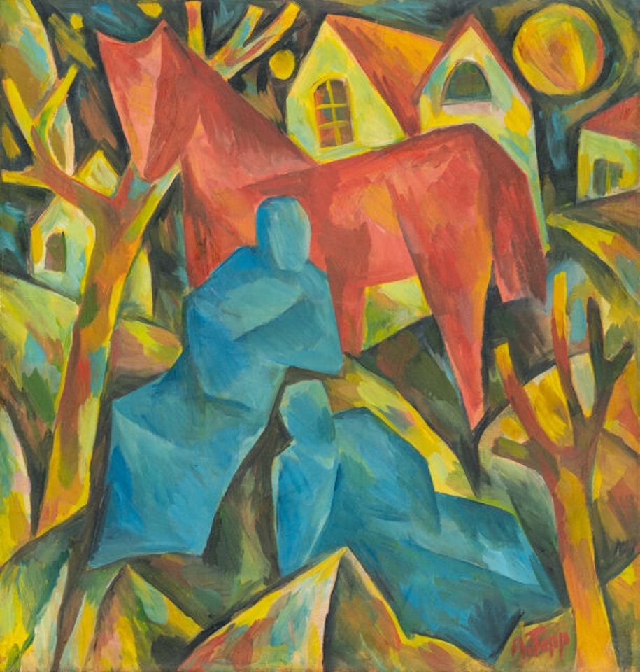 Red horse with blue figures in a town landscape by Arnold Topp
