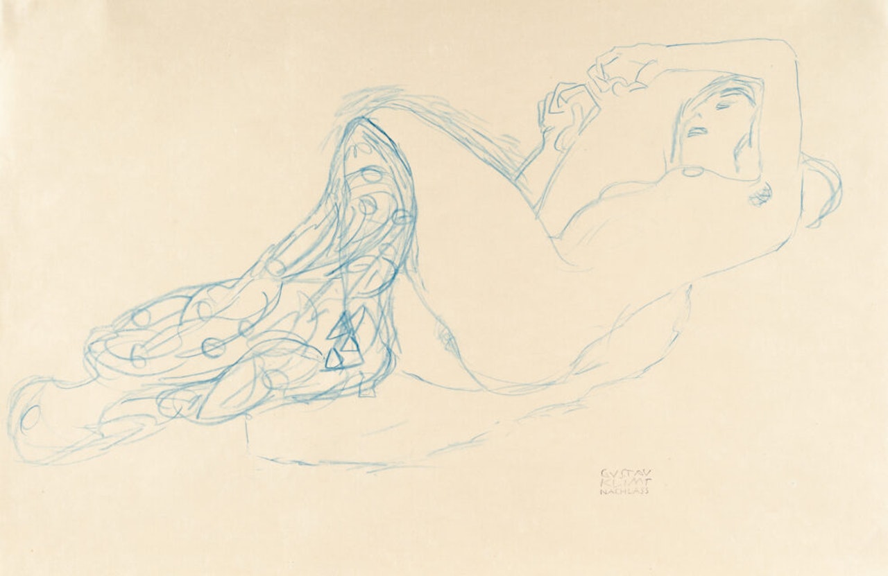 Recumbent Half Figure Nude facing Right by Gustav Klimt