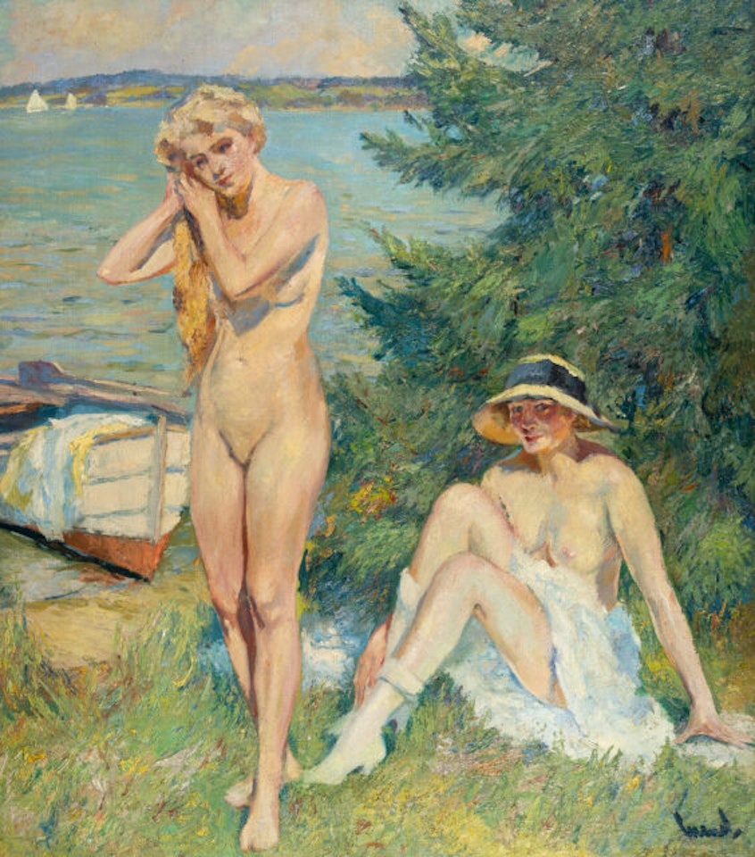 Two women bathing in a lake by Edward Cucuel