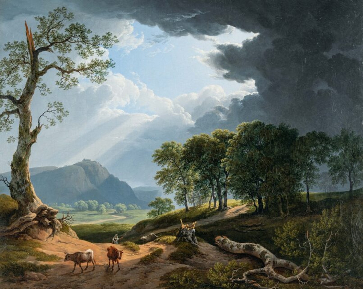 Italian landscape in a storm by Hendrik Voogd