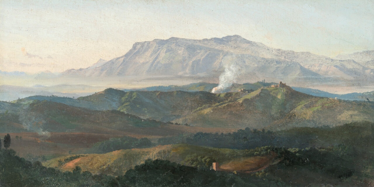 View of the Volsker Mountains from Olevano with Paliano on the right and Monte Scurgula in the background by Friedrich Nerly