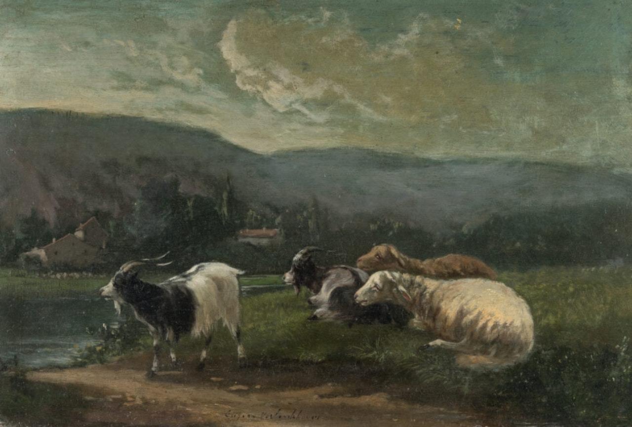 Goats and sheep on a river bank by Eugène Joseph Verboeckhoven