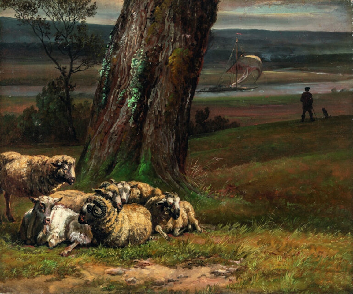 Landscape on the river Elbe with sheep by Johan Christian Clausen Dahl