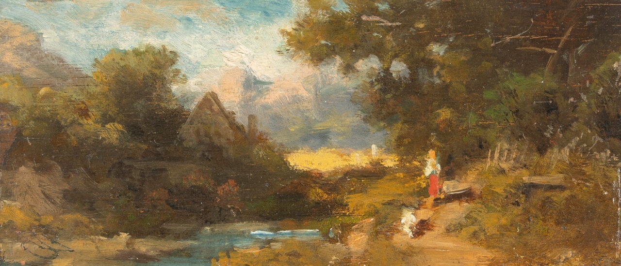Landscape with a young woman and a dog by Carl Spitzweg