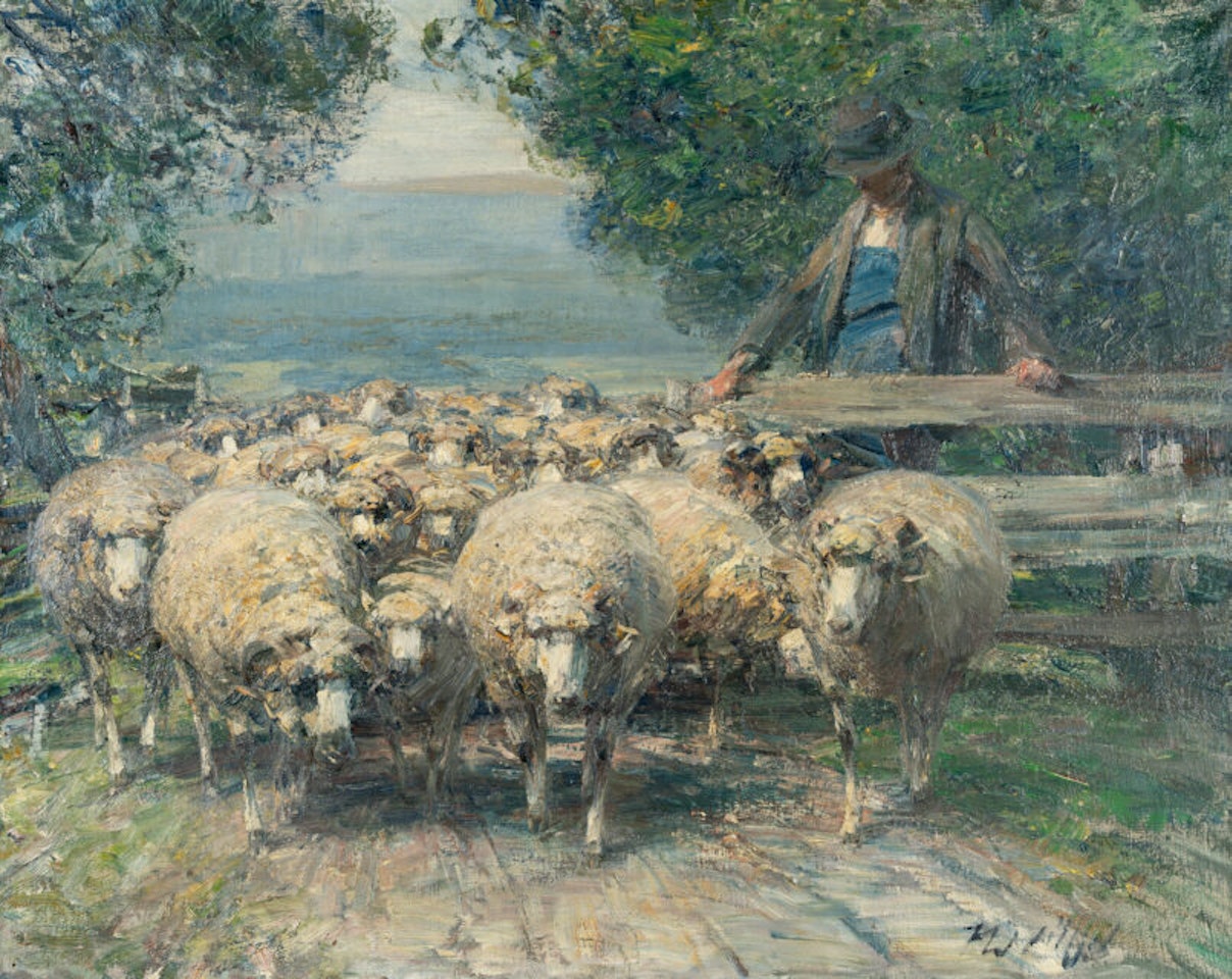 Shepherd by a fence, letting out his herd by Heinrich von Zugel