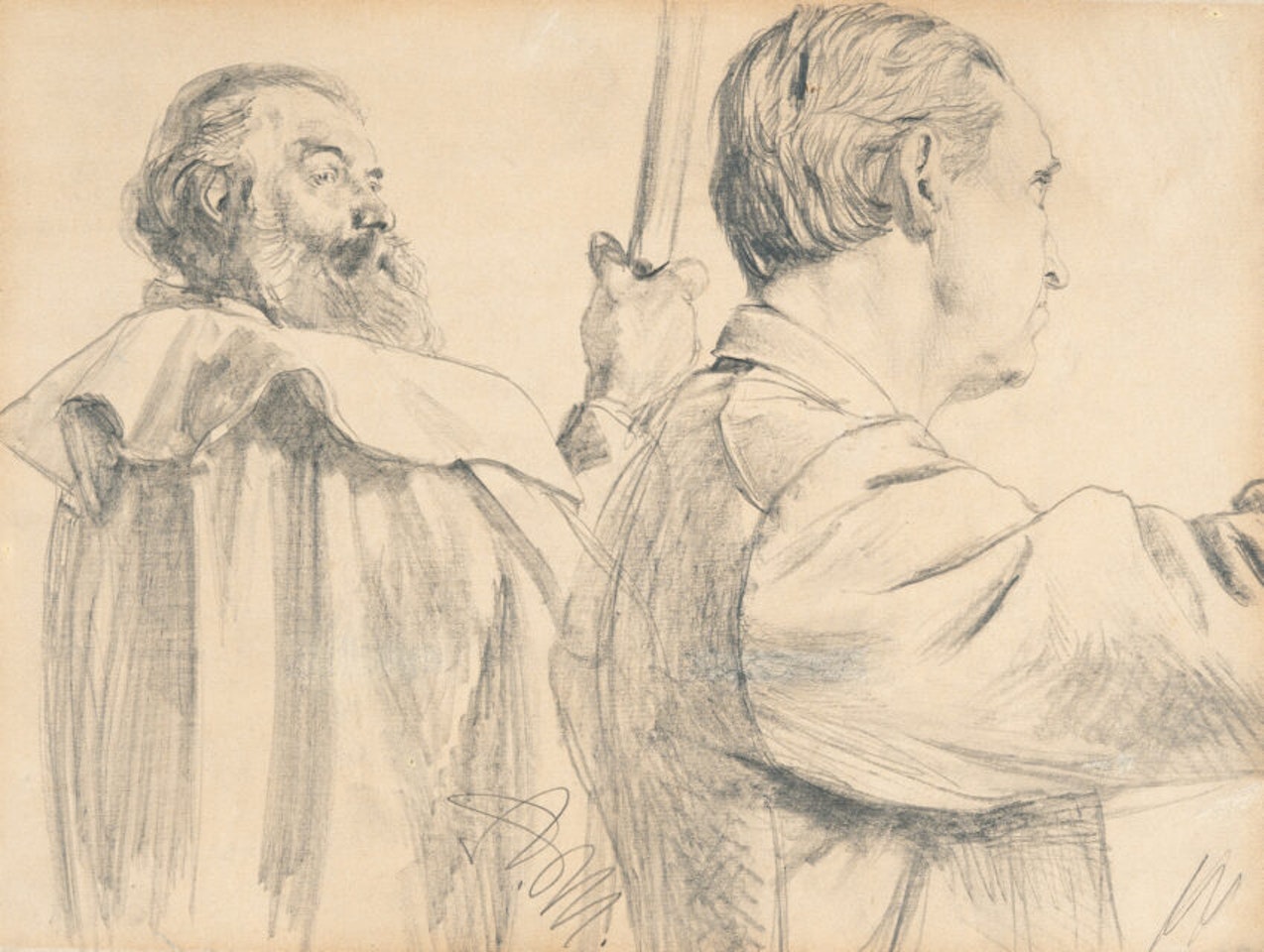Study of two men holding staffs by Adolph Menzel