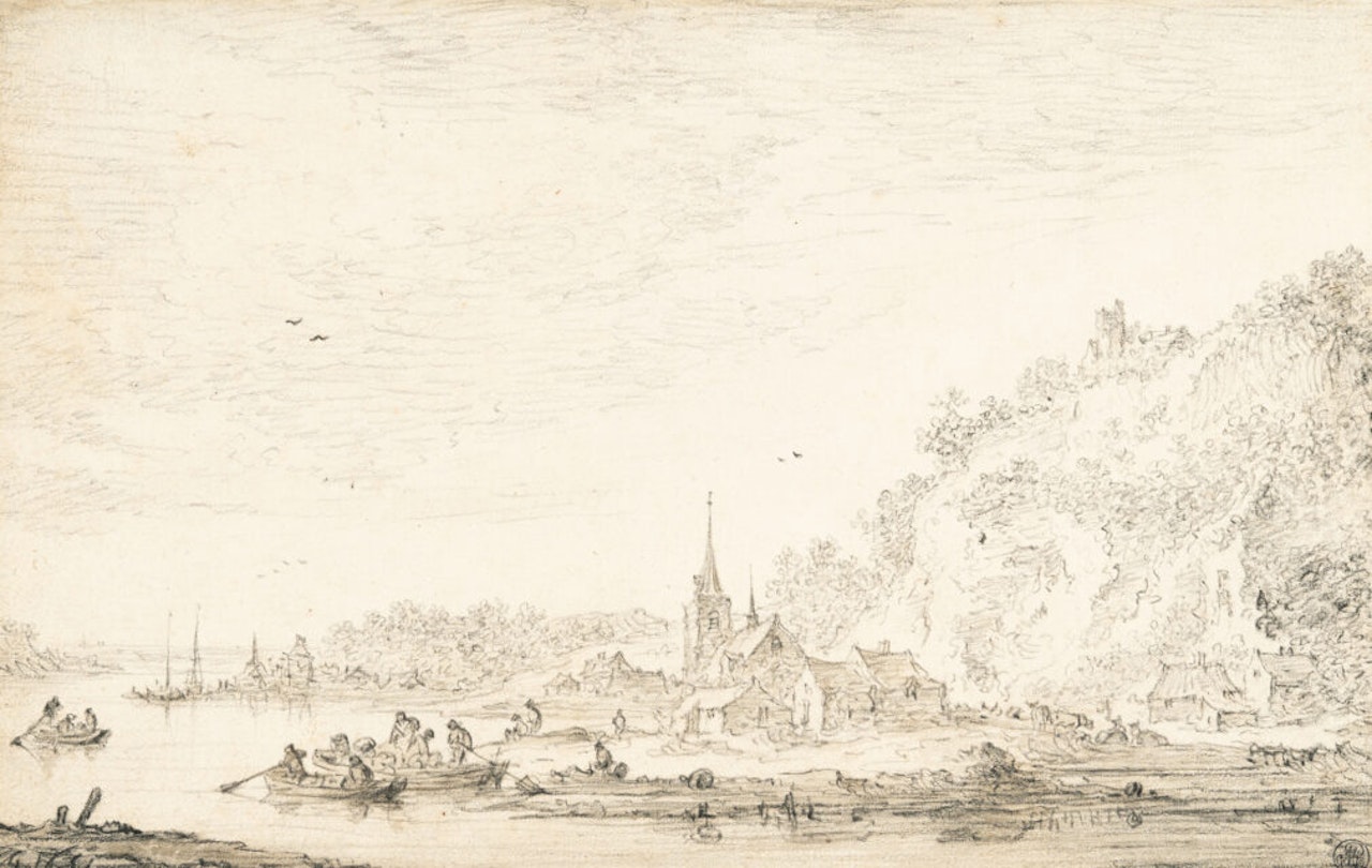 River landscape with a village at the foot of a steep hill by Jan van Goyen