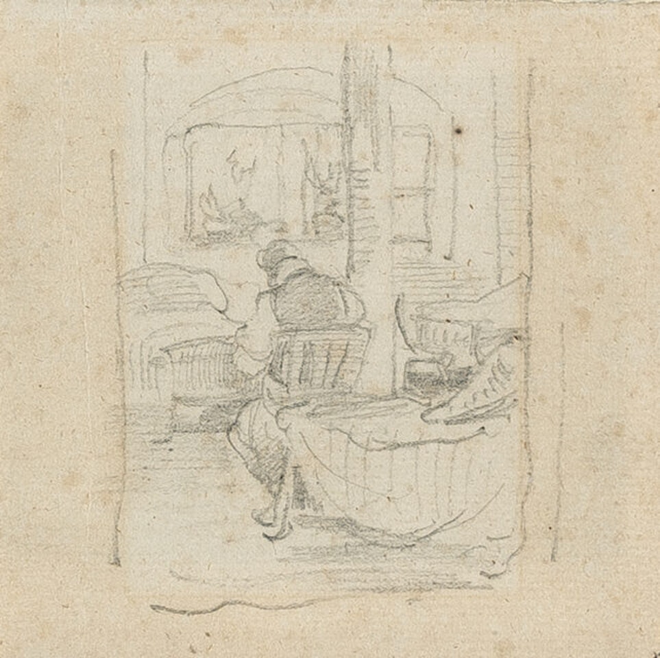 2 sheets: Interior scene with back view of a seated man (verso: Sleeping dog) - Two large dogs by Wilhelm Busch