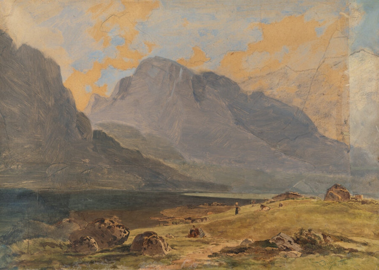 Mountain Lake (Mountain pass with a lake and small figures on the right) by Carl Spitzweg
