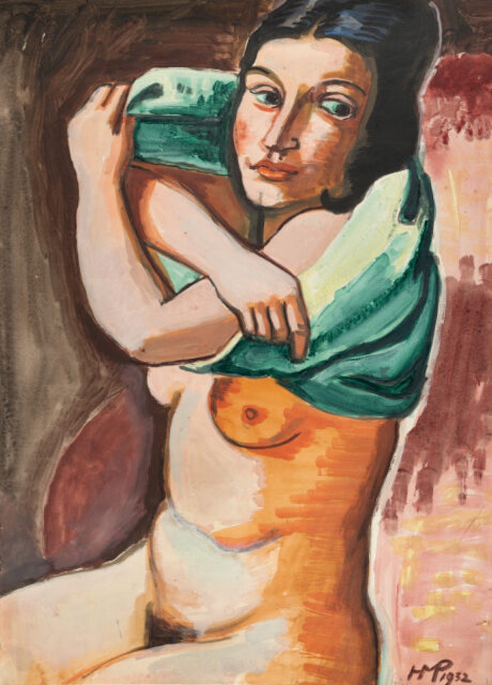 Nude, partially clothed with green scarf (Marta Pechstein) by Max Pechstein