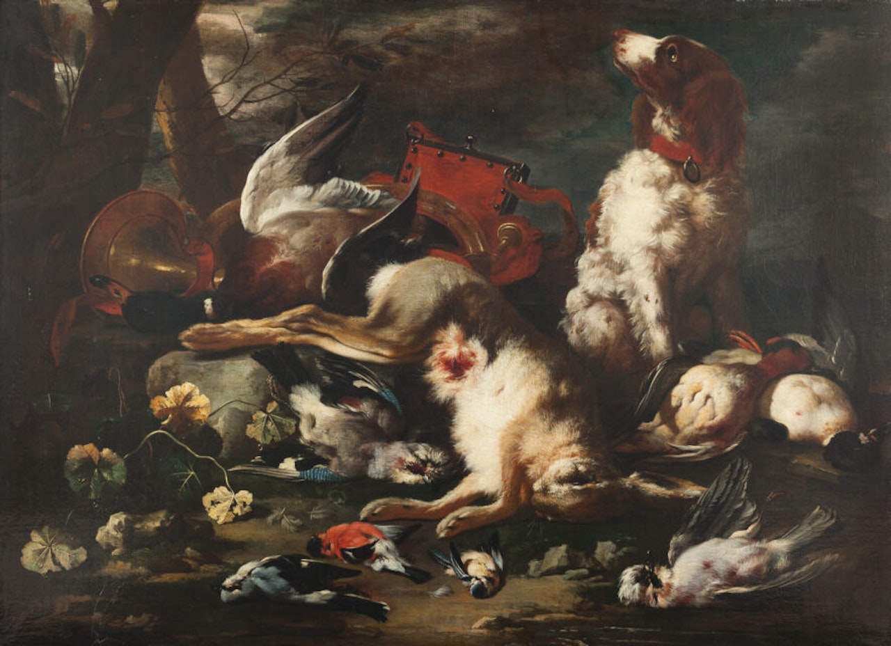 Still Life with Hunting Trophies, a Young Dog and a Red Powder ###Still Life with Hunting Trophies, a Young Dog and a Red Powder Bag### by Franz Werner von Tamm