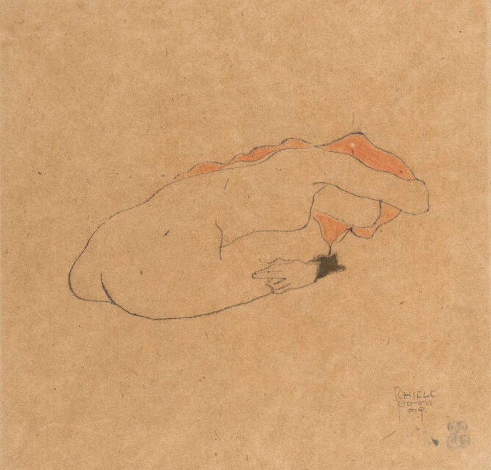 Seated nude, red-haired woman, leaning forward by Egon Schiele