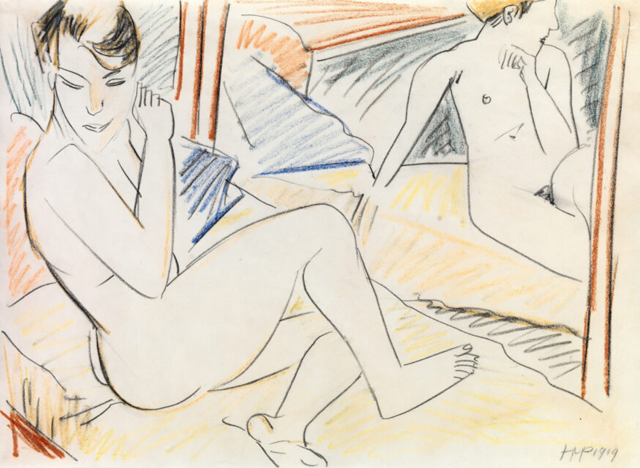 Female nude in front of a mirror by Max Pechstein