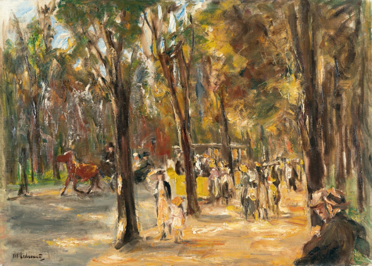 Avenue in Tiergarten with strolling figures, a carriage and a train by Max Liebermann