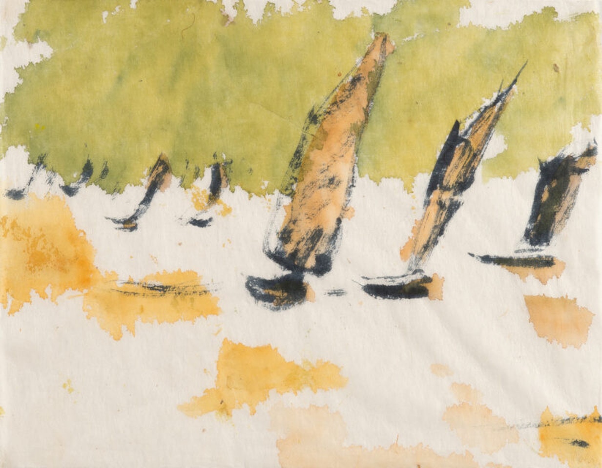 Junks with light brown sails under light green sky by Emil Nolde