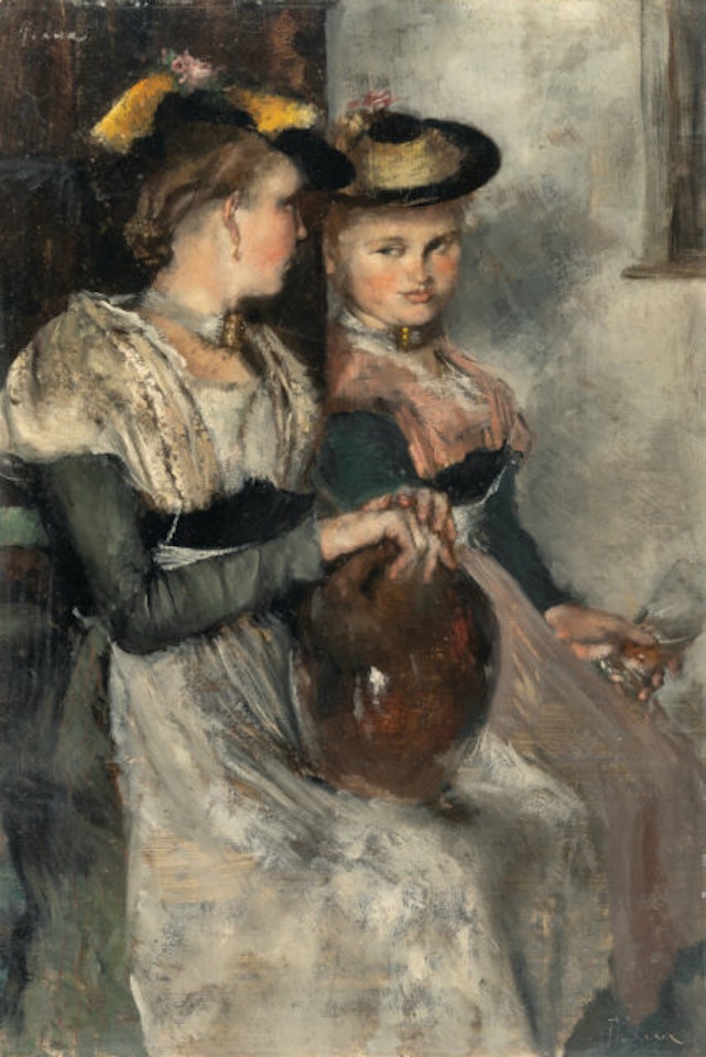 Two Tyrolese women in an interior by Alexander Koester