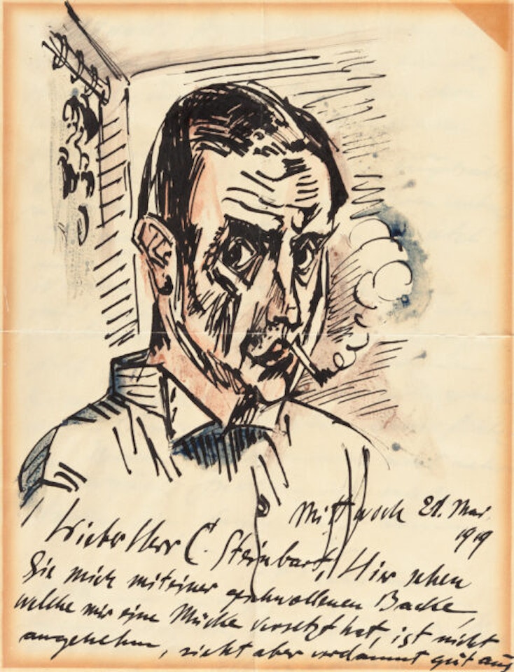Self-portrait on a letter by Max Pechstein