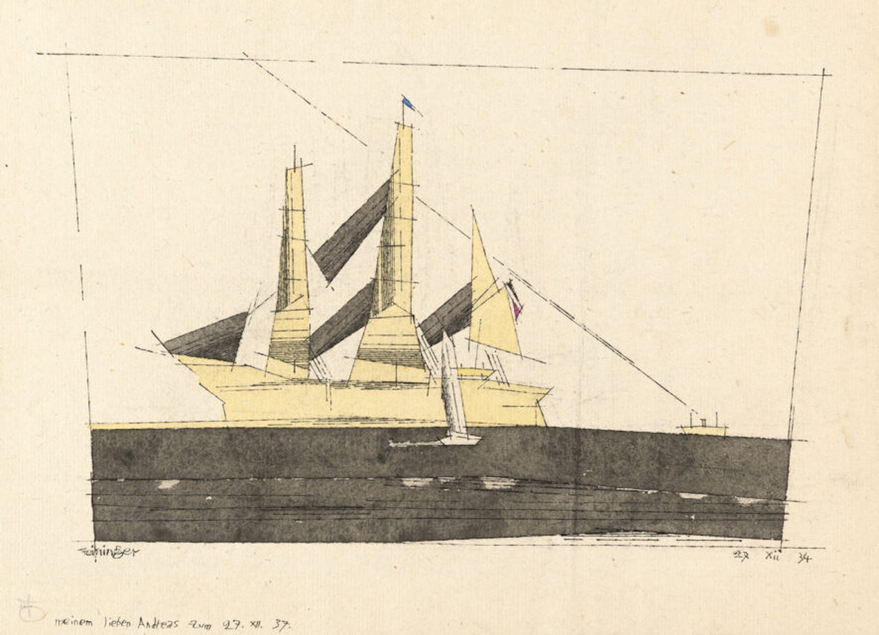 Sailing ship on black sea by Lyonel Feininger