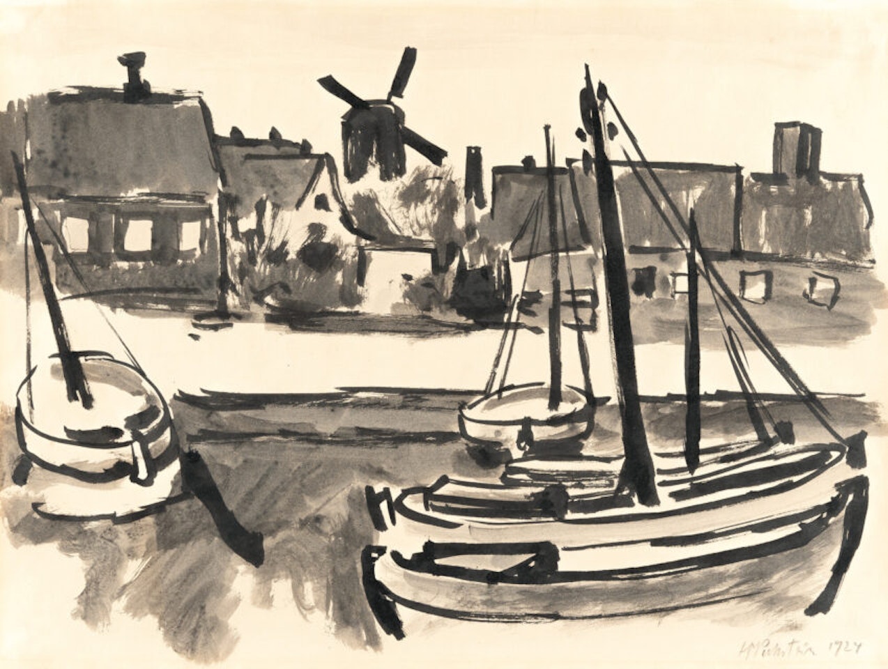Harbor in Bornholm with a windmill by Max Pechstein