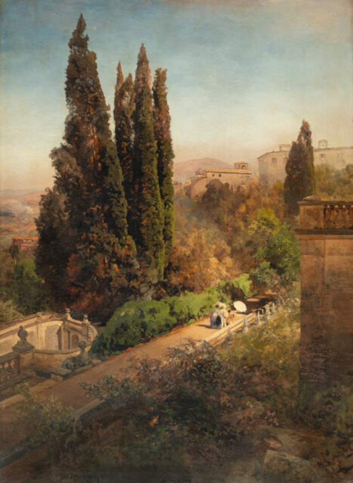 View of the garden of the Villa d"Este in Tivoli by Oswald Achenbach