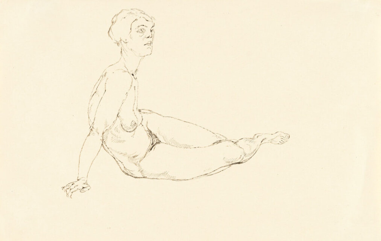 Sitting female nude resting on her arm by George Grosz