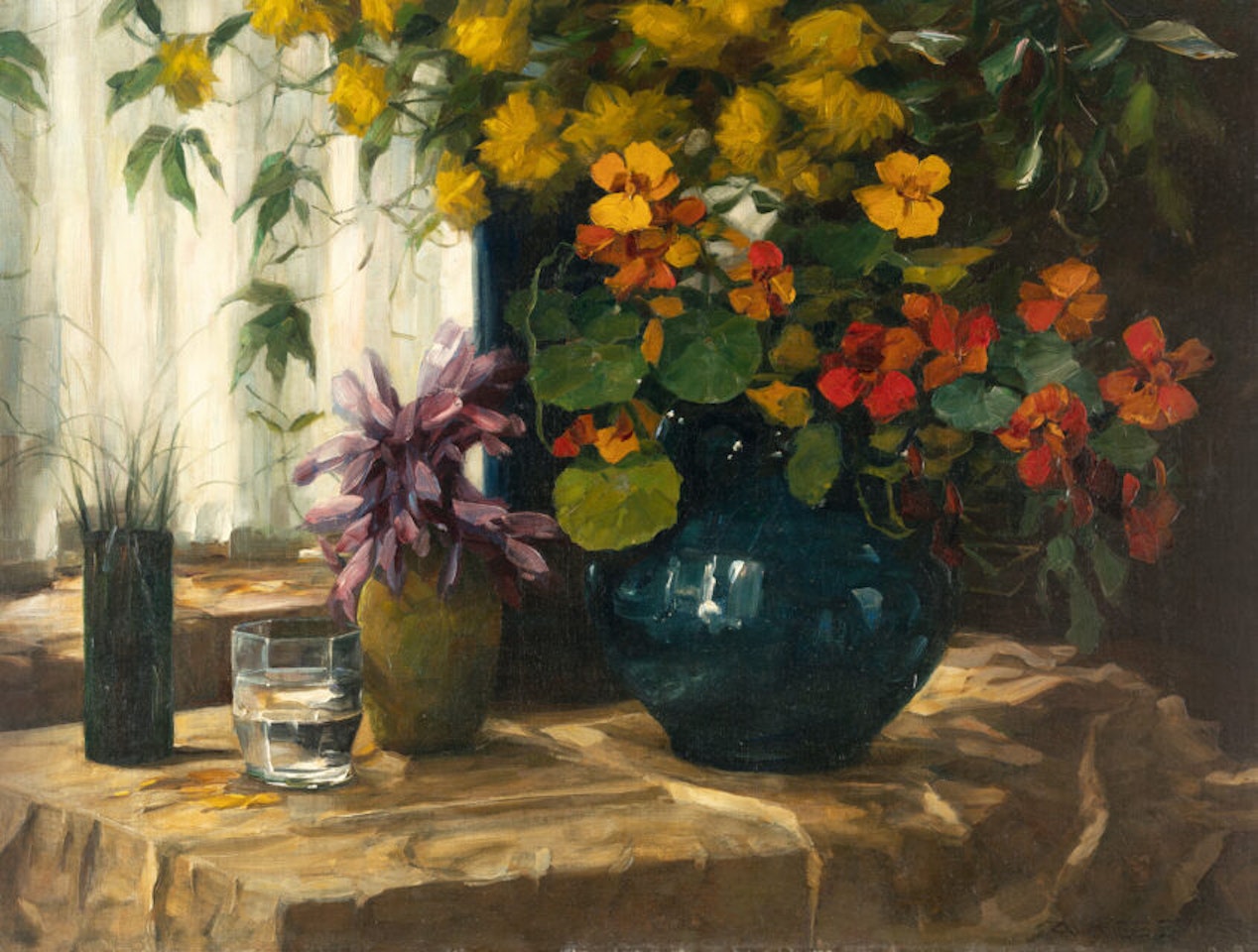 Capuchin with autumn crocuses in a blue vase by Alexander Koester