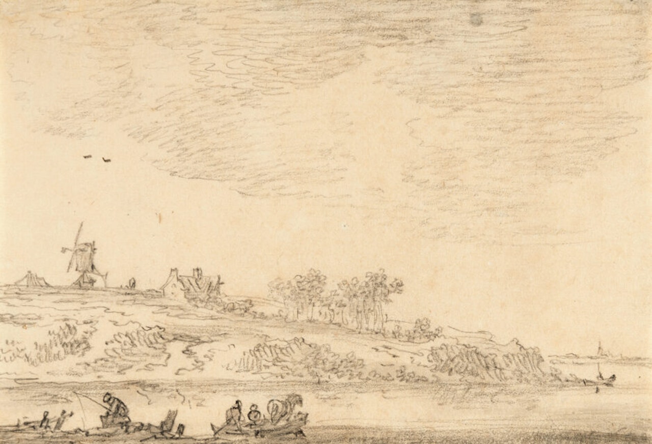 River landscape with ferryboat and angler by Jan van Goyen