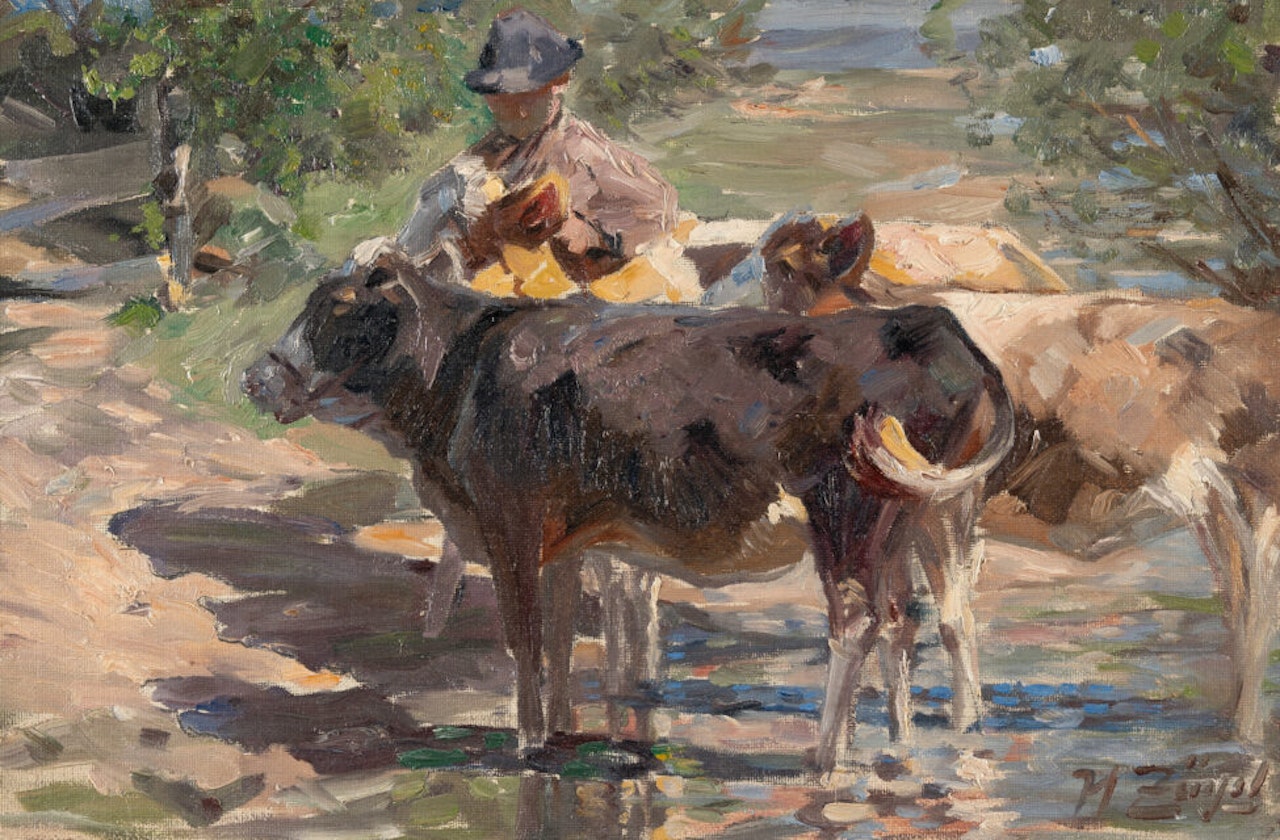 Cows with shepherd by Heinrich von Zugel