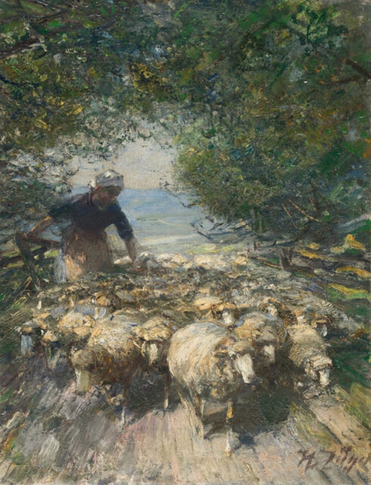 Shepherdess with flock by Heinrich von Zugel
