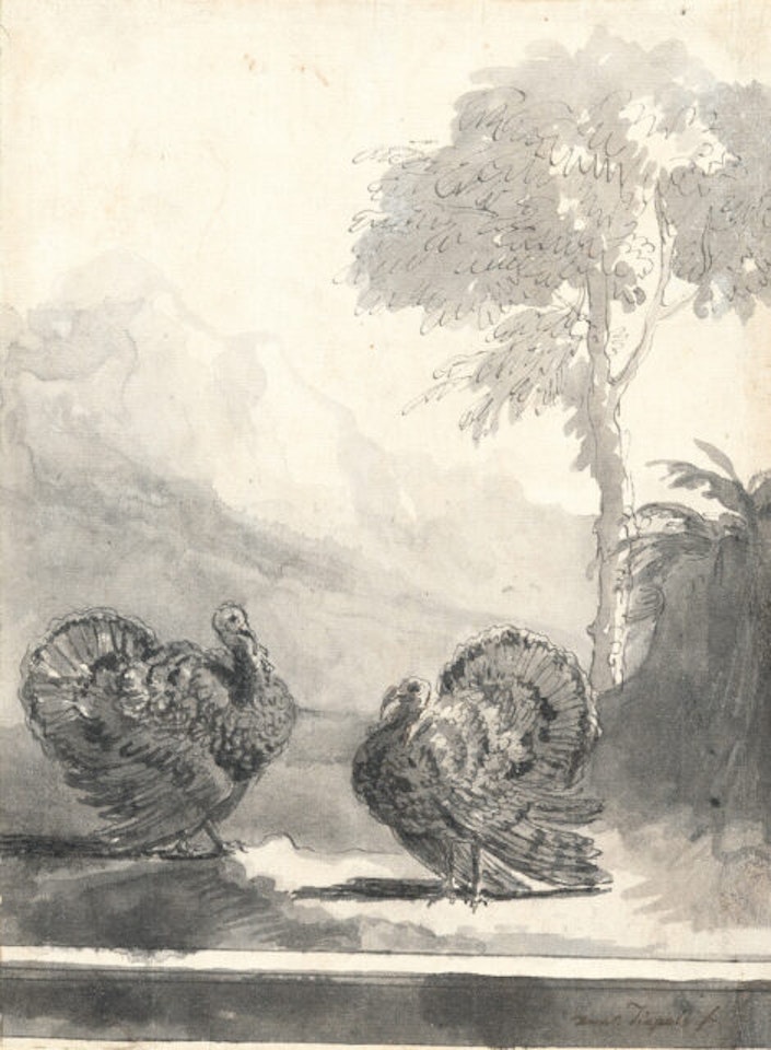 Two turkeys in a mountainous landscape by Giovanni Domenico Tiepolo