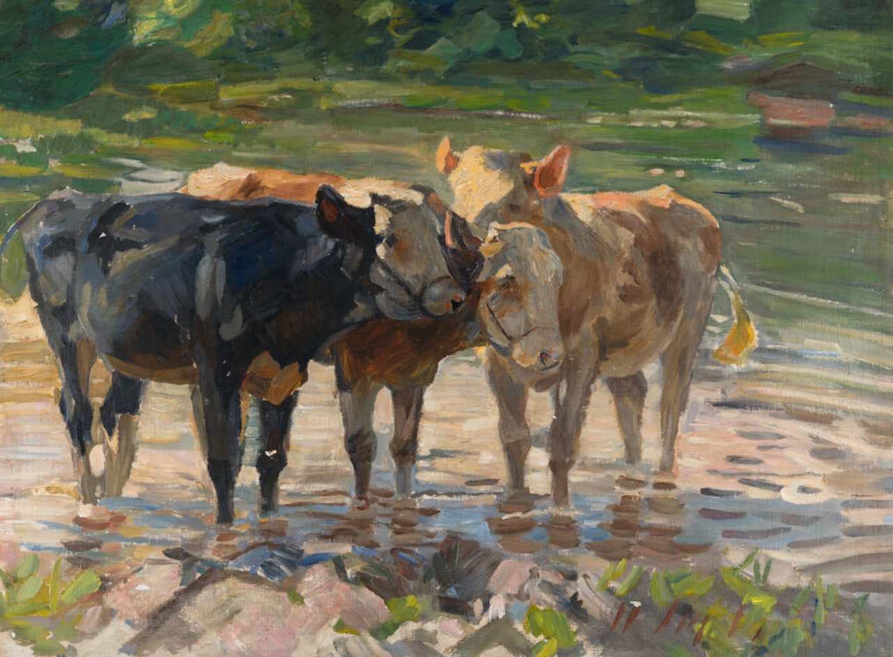 Young cattle at the river Rhine wetlands by Heinrich von Zugel