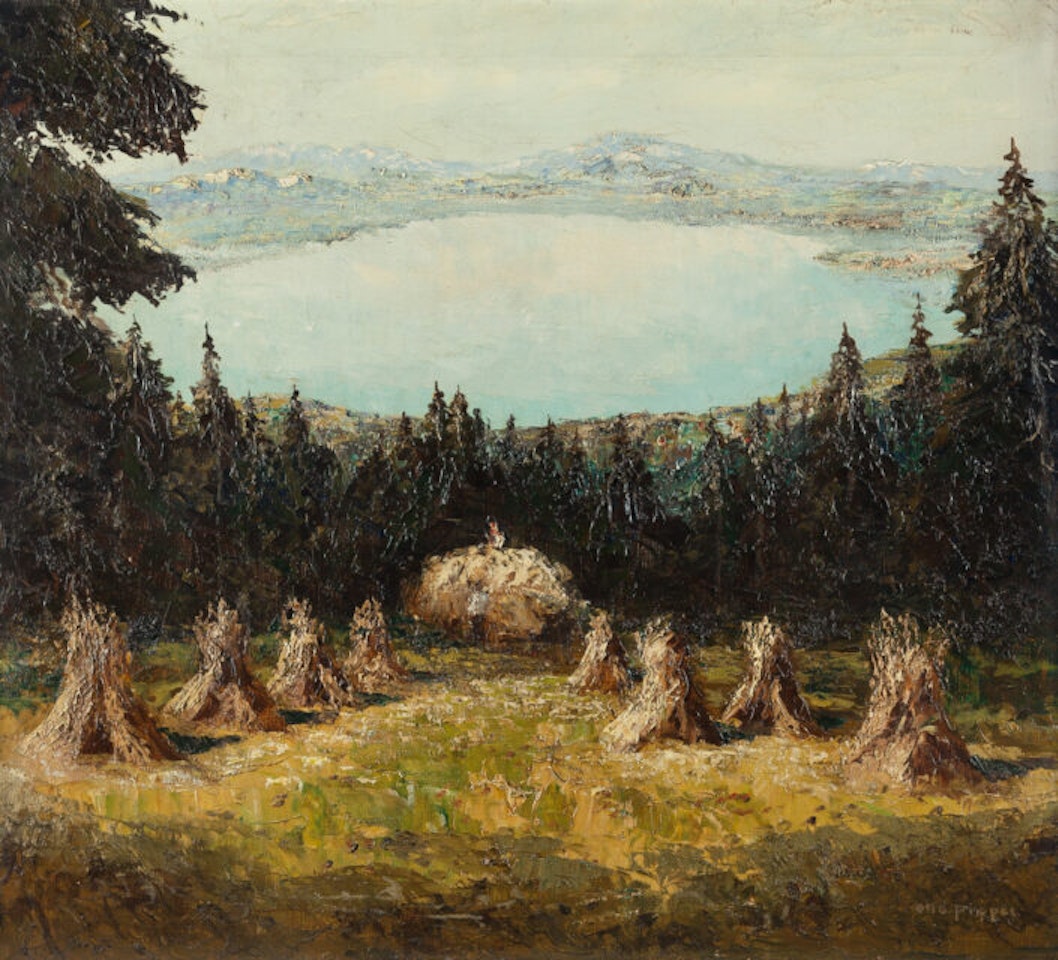 Haymaking by the lake by Otto Pippel