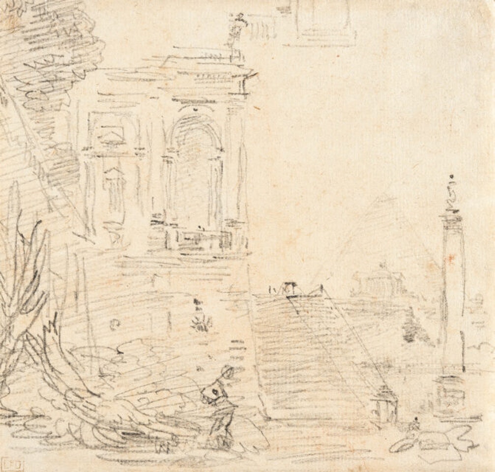 Capriccio with temple ruin, steps and pyramid by Hubert Robert