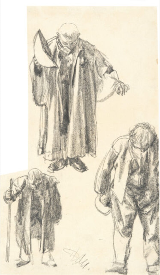 Three figure studies for “The Broken Jug” by Adolph Menzel