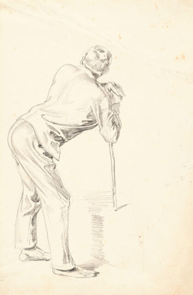 Male figure leaning on a stick to the right by Wilhelm Busch