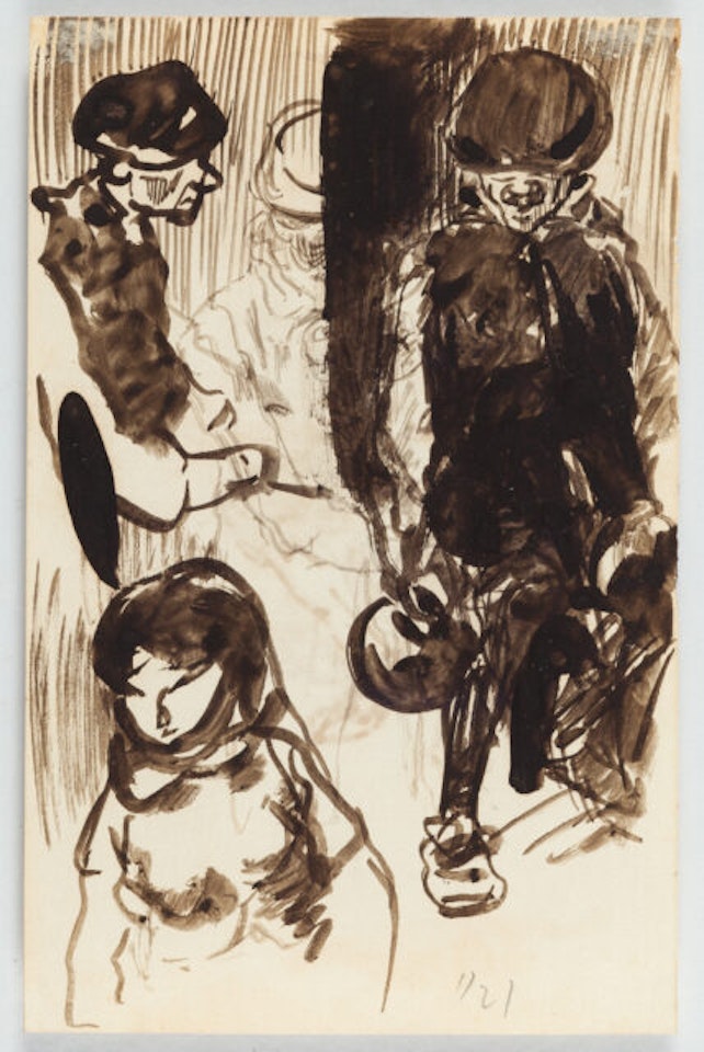 Seated reveler with feather beret. Verso: figure studies by Wilhelm Busch