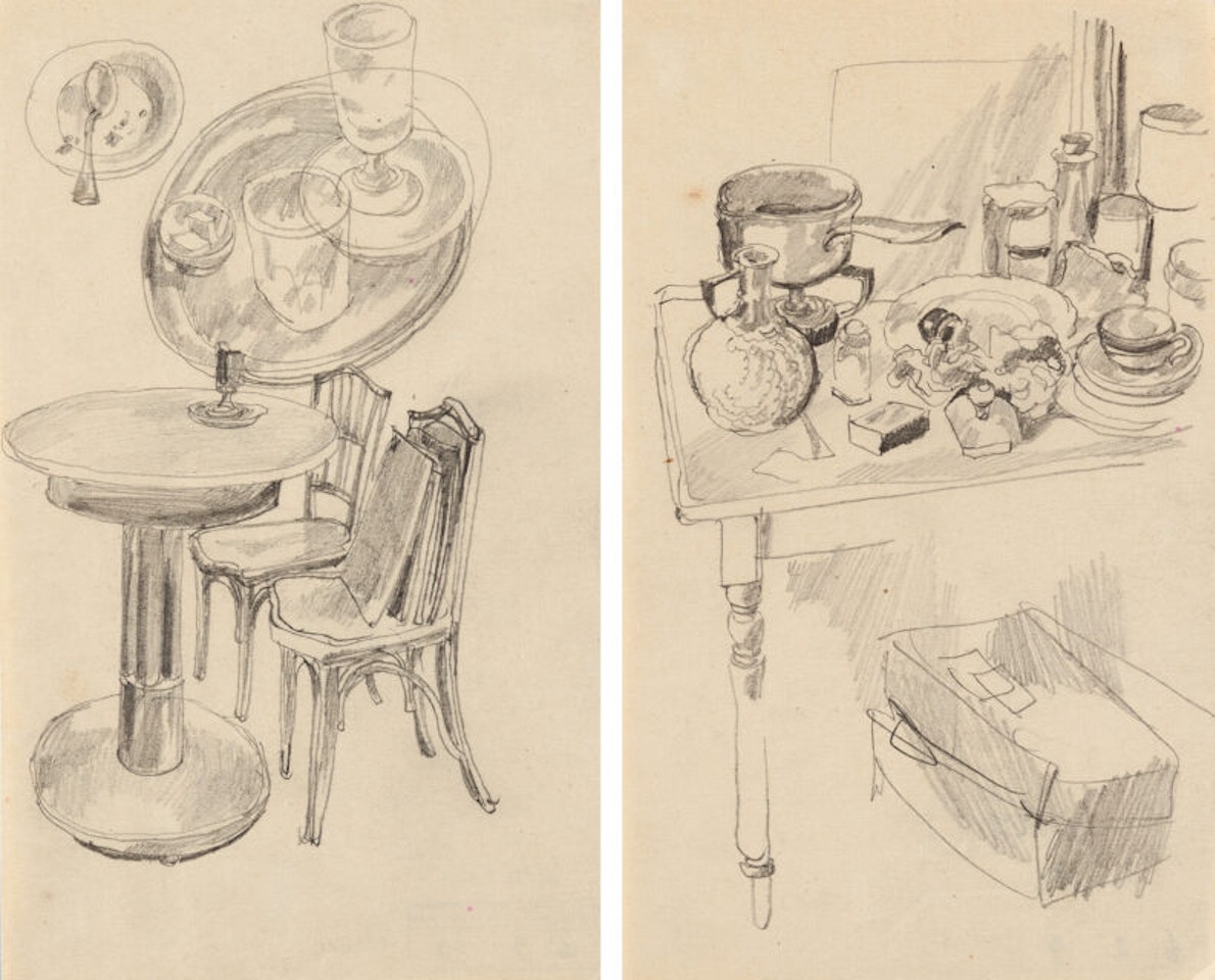 2 sheets: Table top sketch - Table and chairs by George Grosz