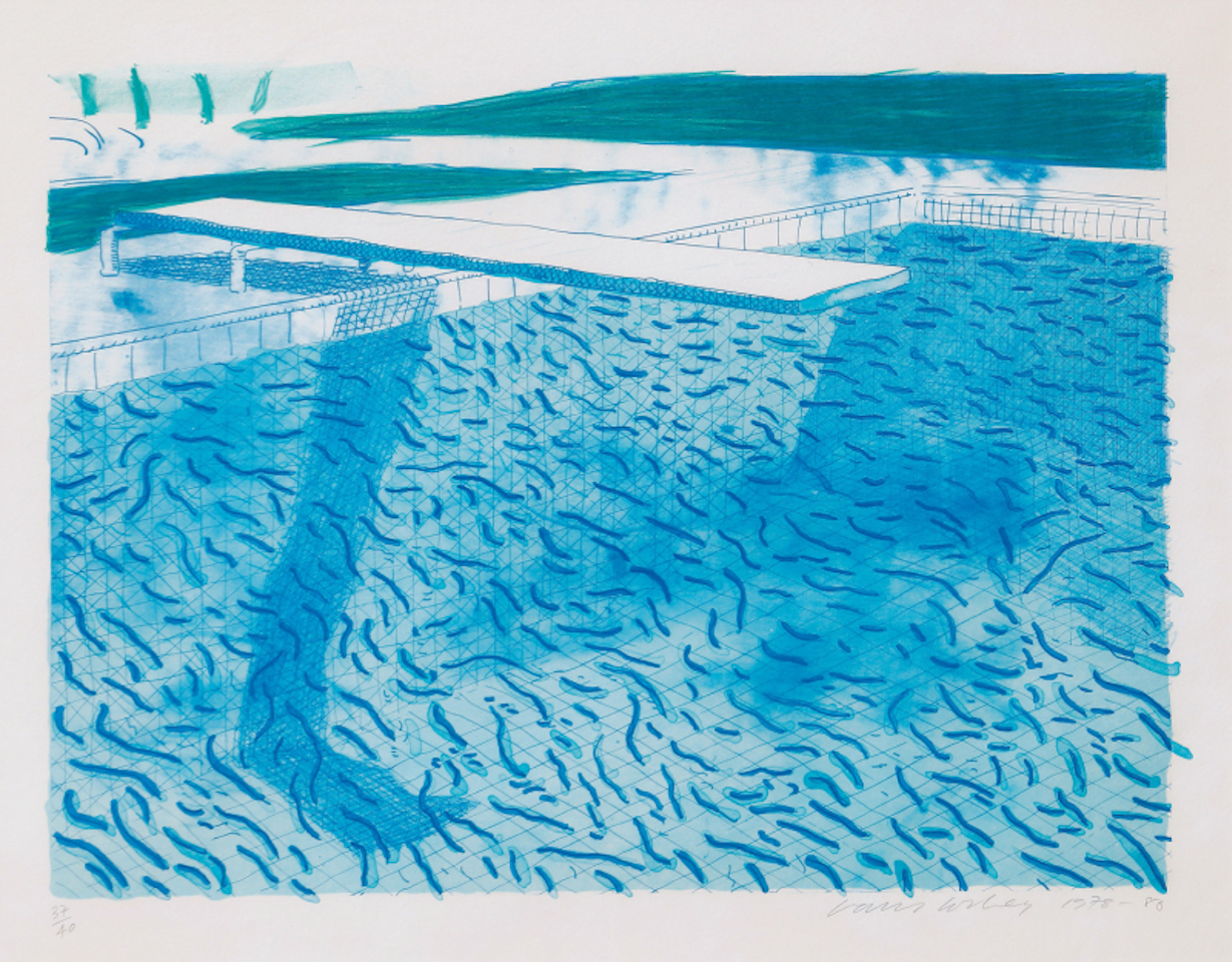 Lithograph of Water Made of Thick and Thin Lines and Two Light Blue Washes by David Hockney