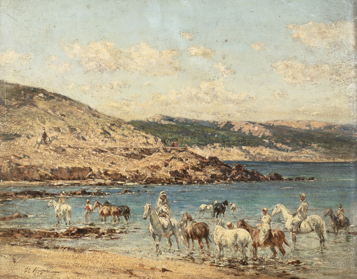 HORSES DRINKING SETTLEMENT AT DAWN by Victor Pierre Huguet