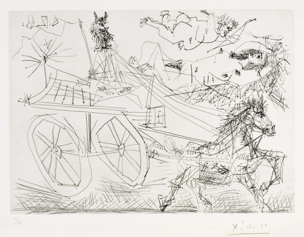 Charrette Foraine Conduite par un Petit Animal, avec Nu et Amour dans le Ciel by Pablo Picasso