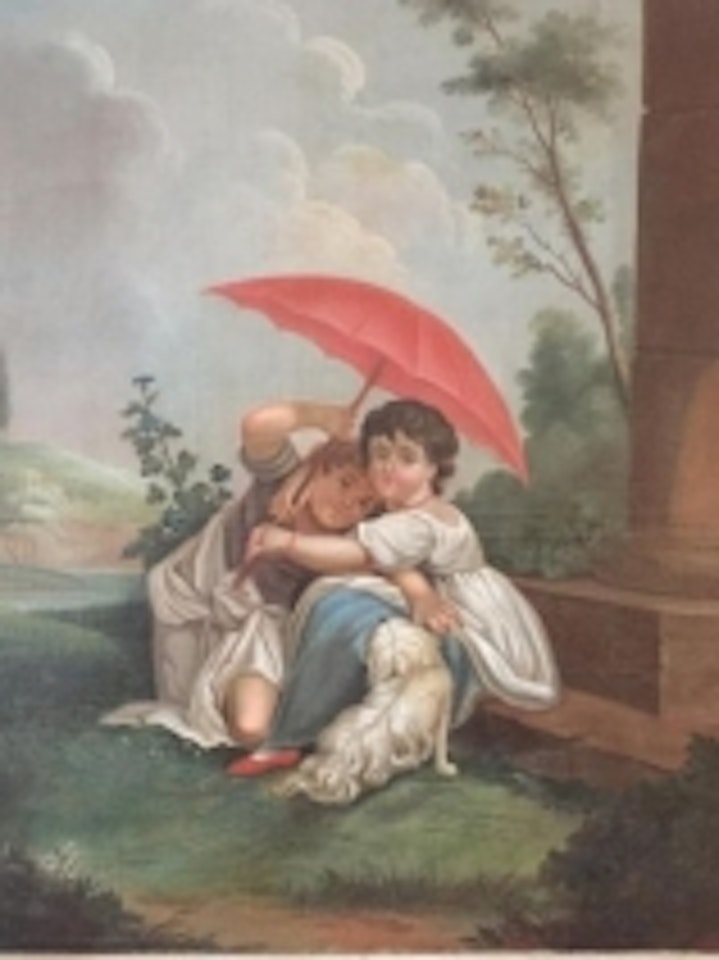 Two children with parasols in a park by French School