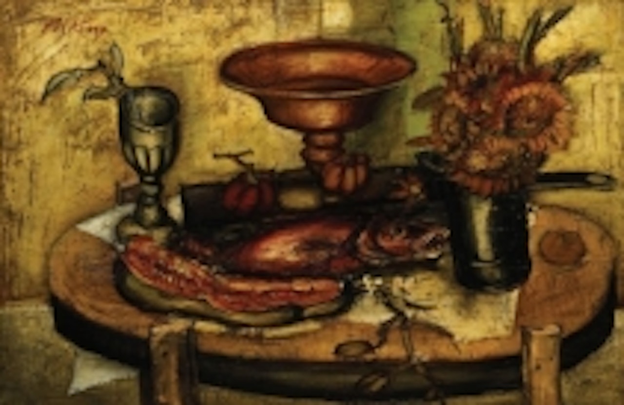 "Yellow still life with fish" by Franz Priking