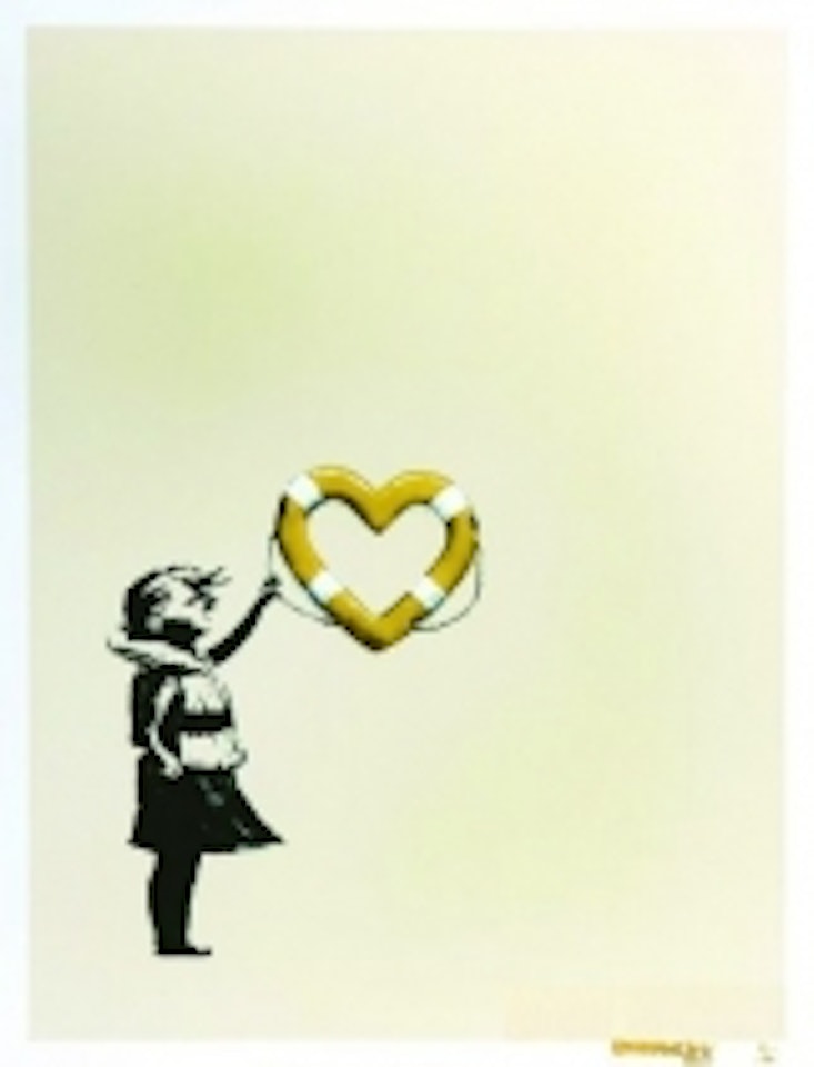 Post Modern Vandal Girl with heart shaped float (Gold edition) by Banksy