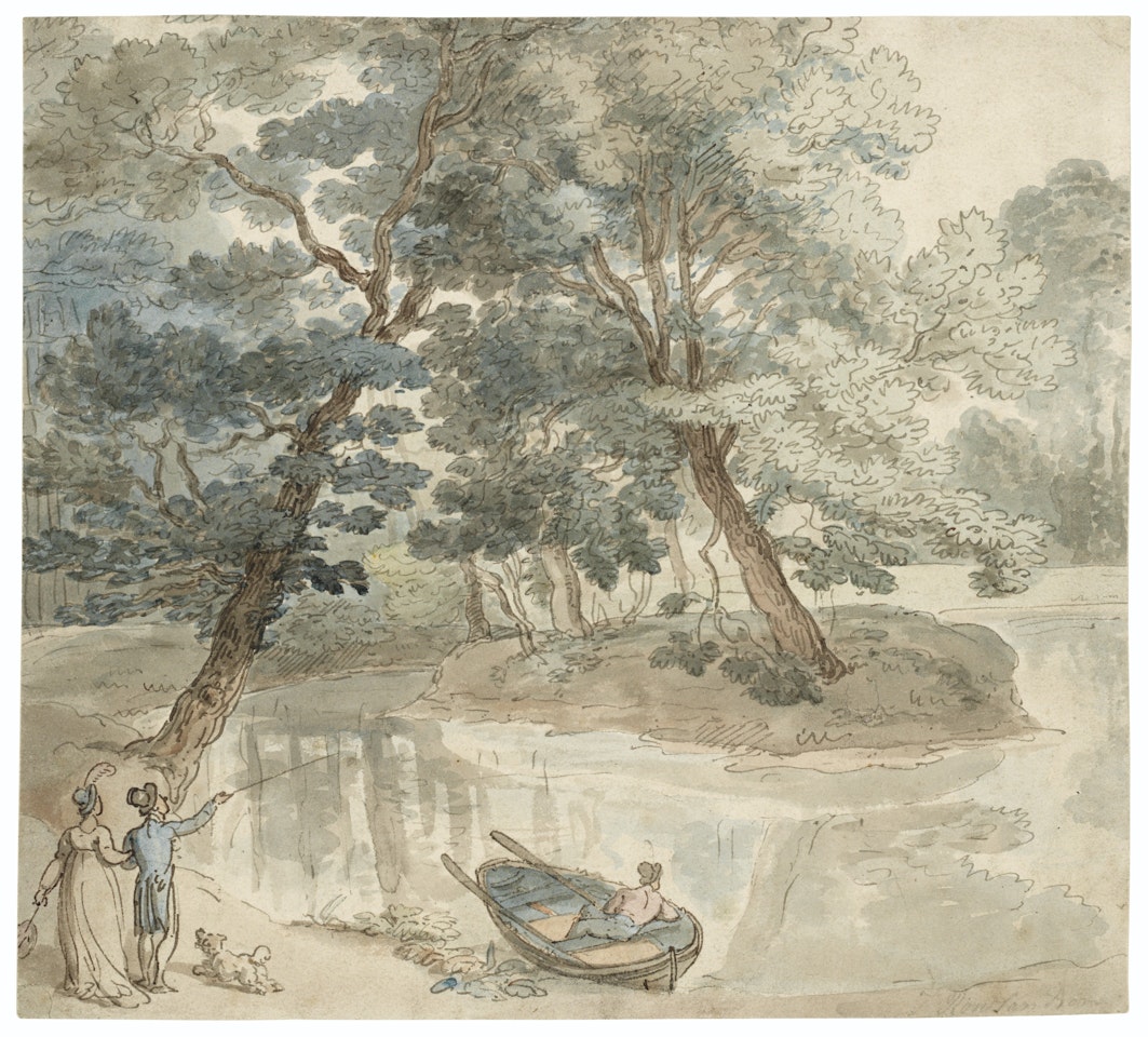 Elegant figures with a dog, by a lake by Thomas Rowlandson